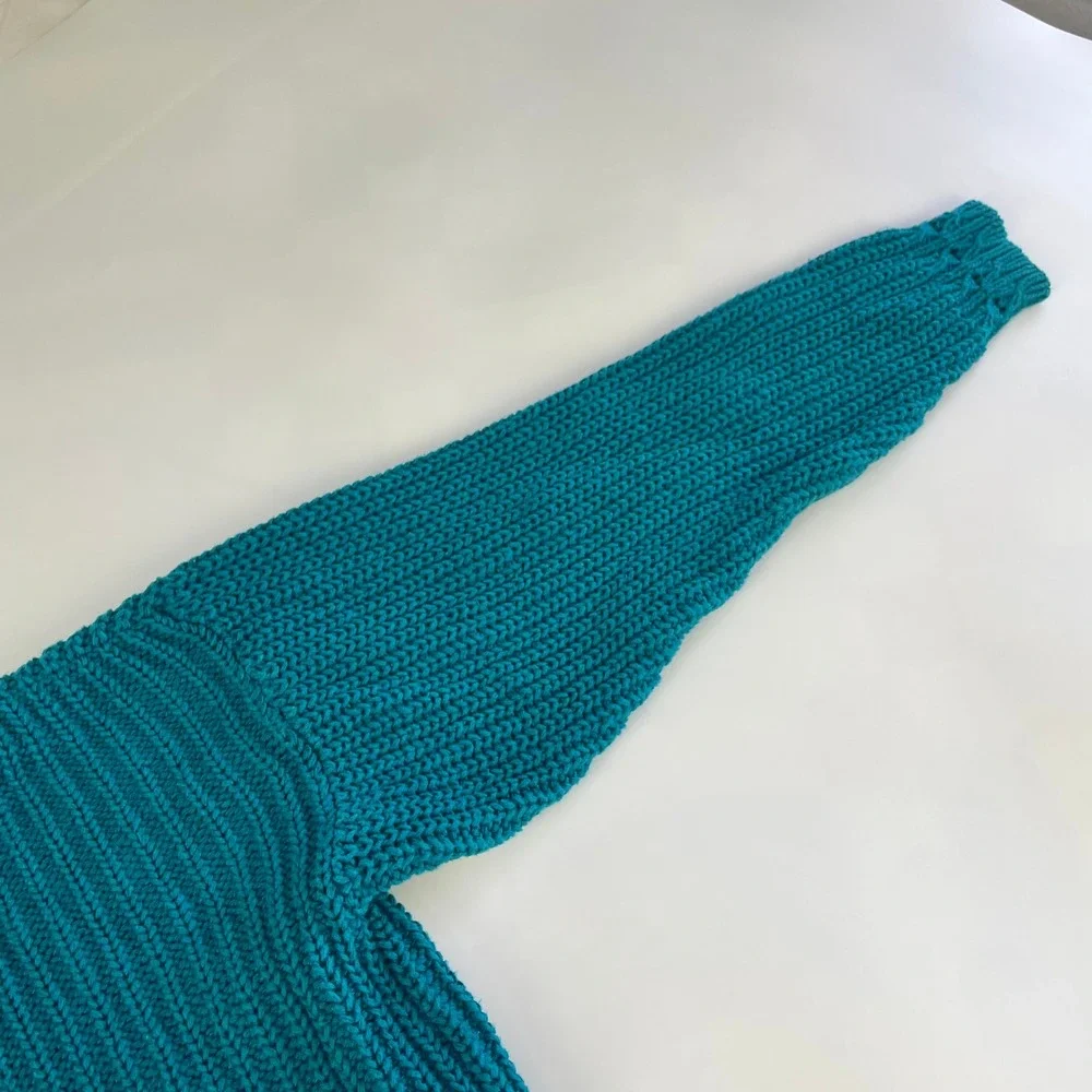 90s Cardigan Sweater Women Oversized Medium Chunky‎ Knit Ramie Cotton Teal Blue